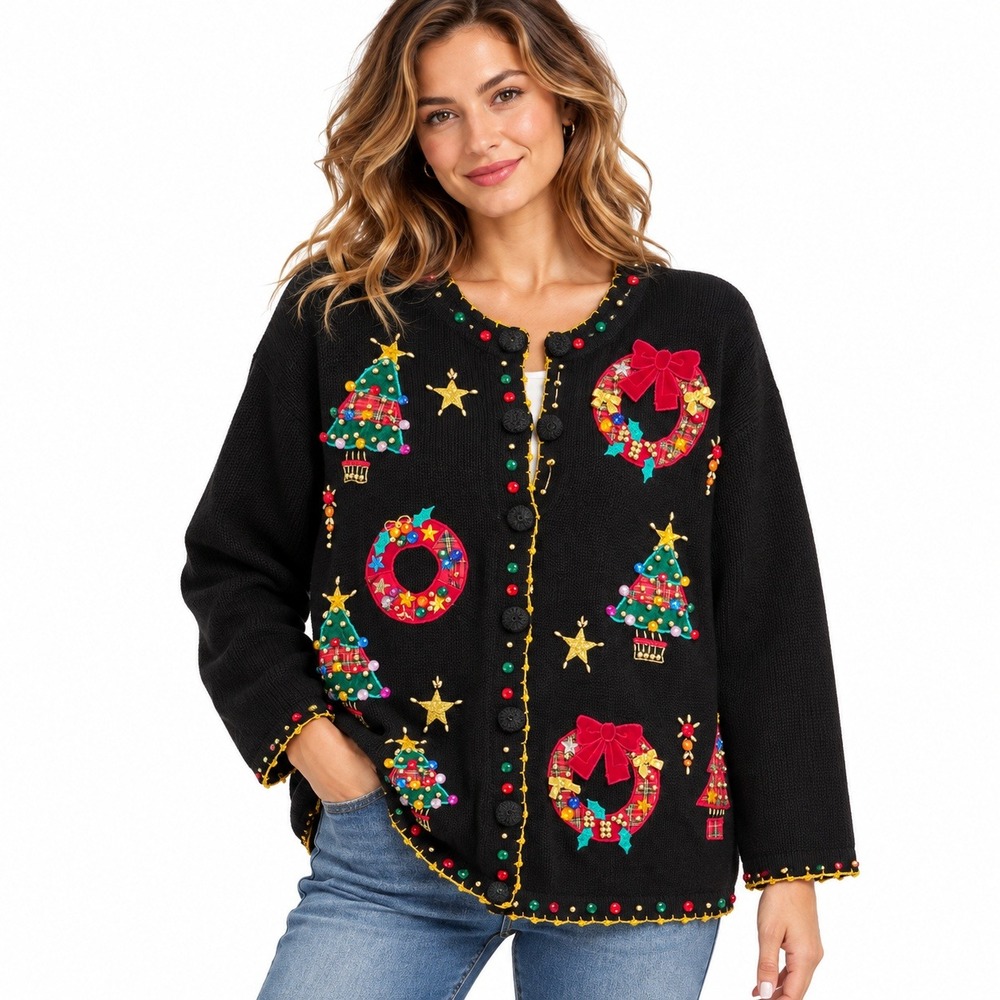 Vintage 90s Victoria Woman 1X Christmas Cardigan Beaded Jeweled Sweater Kitsch
